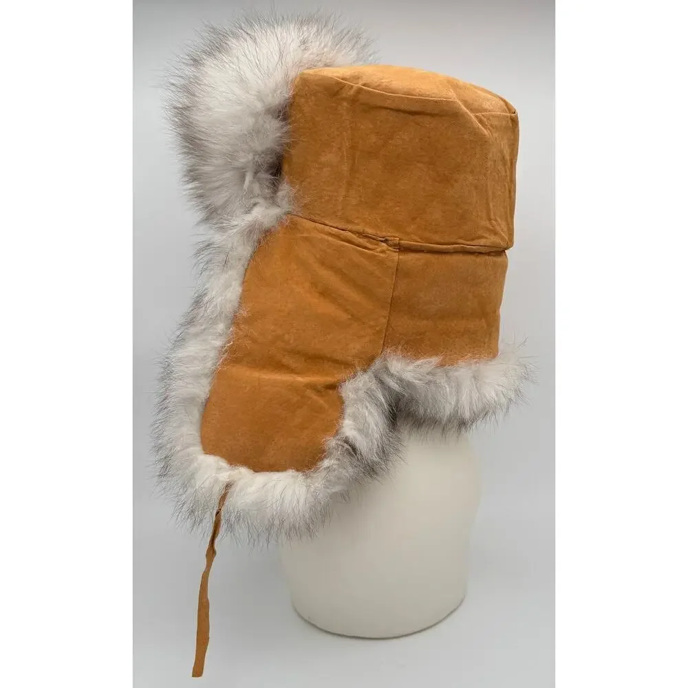 Genuine Rabbit Fur Trapper Hat Ushanka Made in Russia Tan Suede Vintage